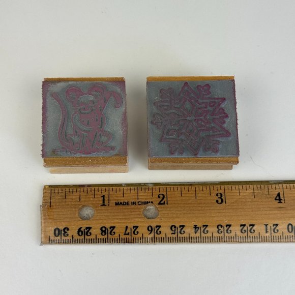 2 Vtg 90s Christmas Holiday Mouse Rat Snowflake Rubber Stamp Center Enterprises - Picture 3 of 7